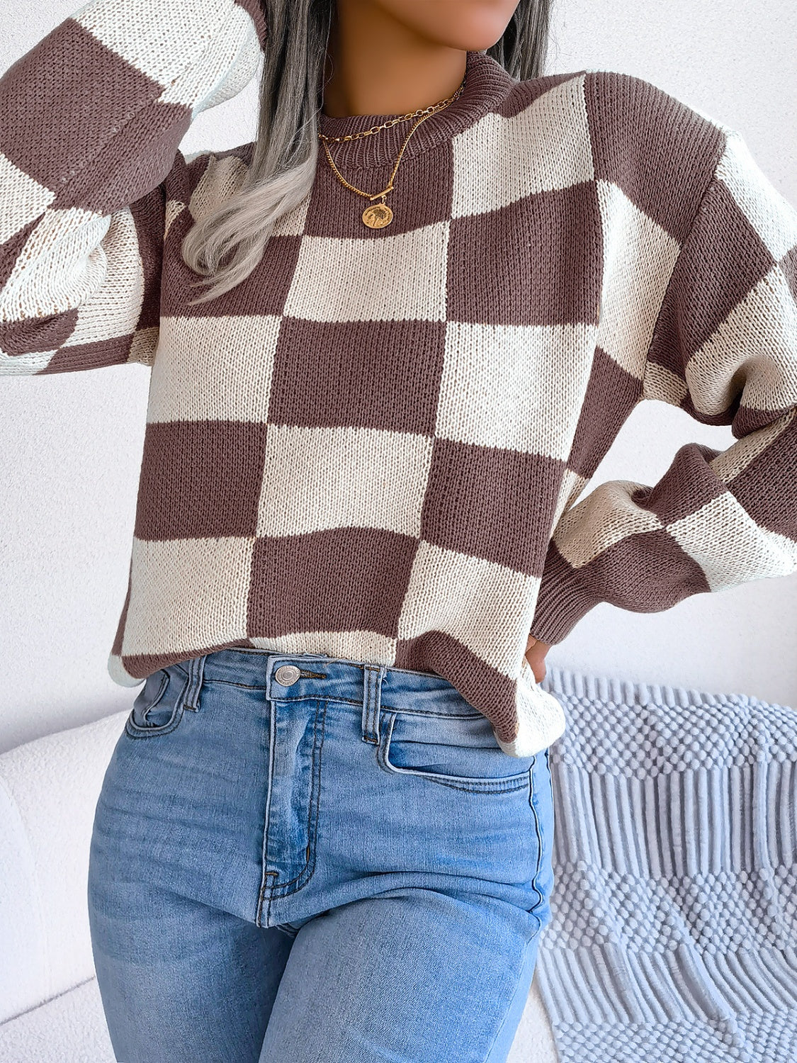 Checkered Mock Neck Long Sleeve Sweater