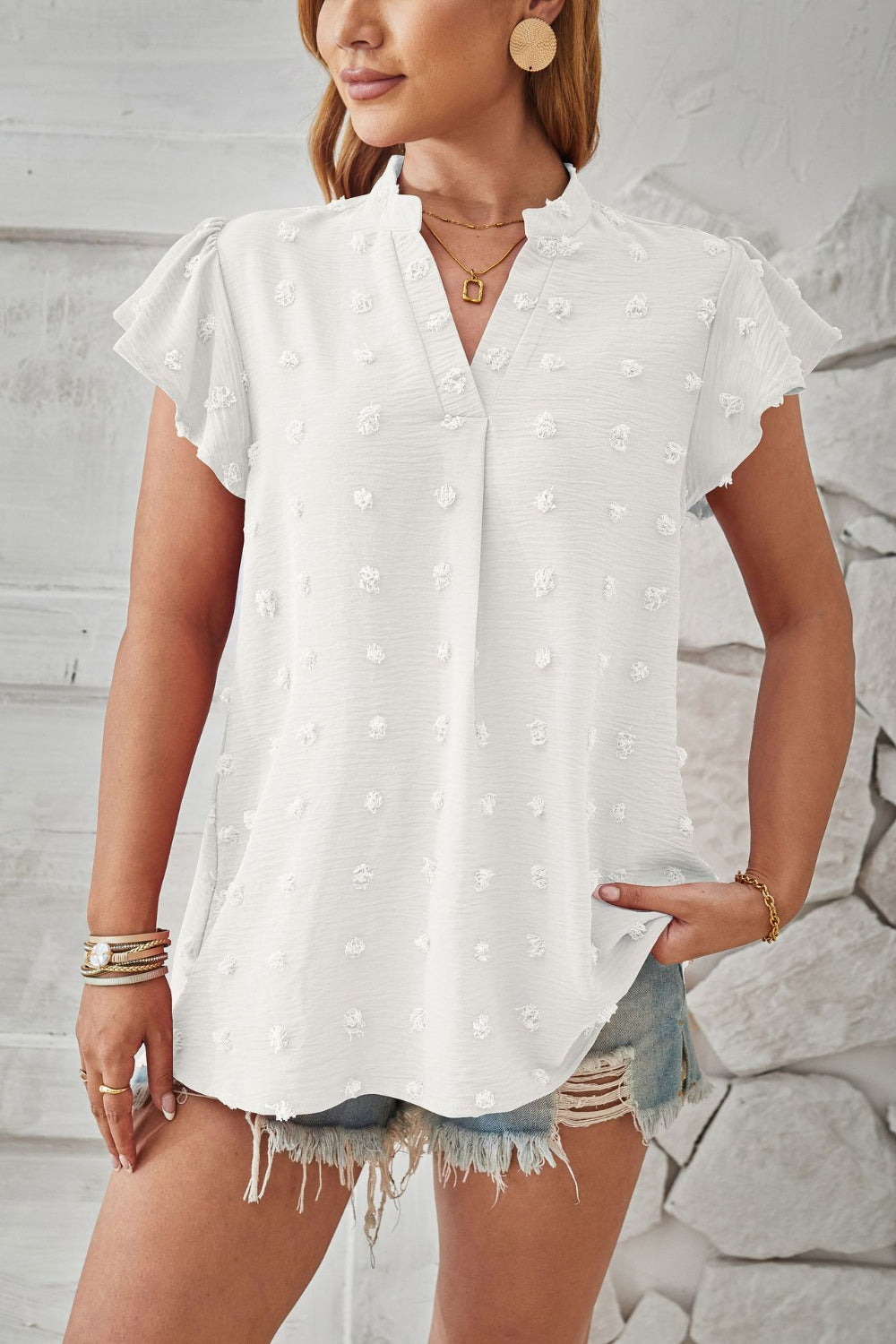 Swiss Dot Notched Cap Sleeve T-Shirt