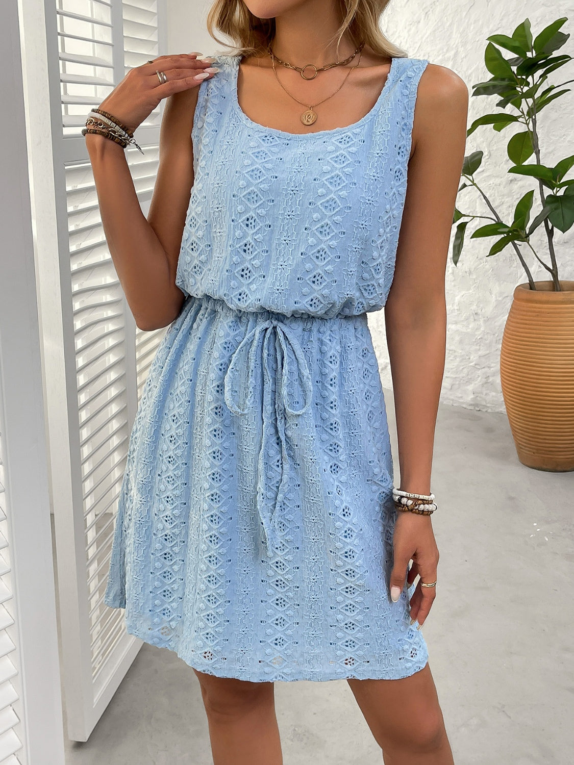 Eyelet Drawstring Round Neck Sleeveless Dress