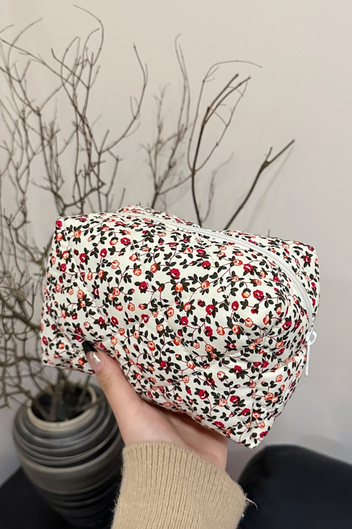 Floral Quilted Clutch with Plaid Lining