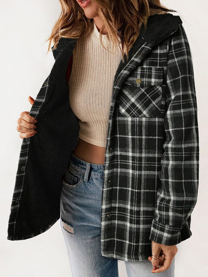 Plaid Snap Down Plush Hooded Jacket