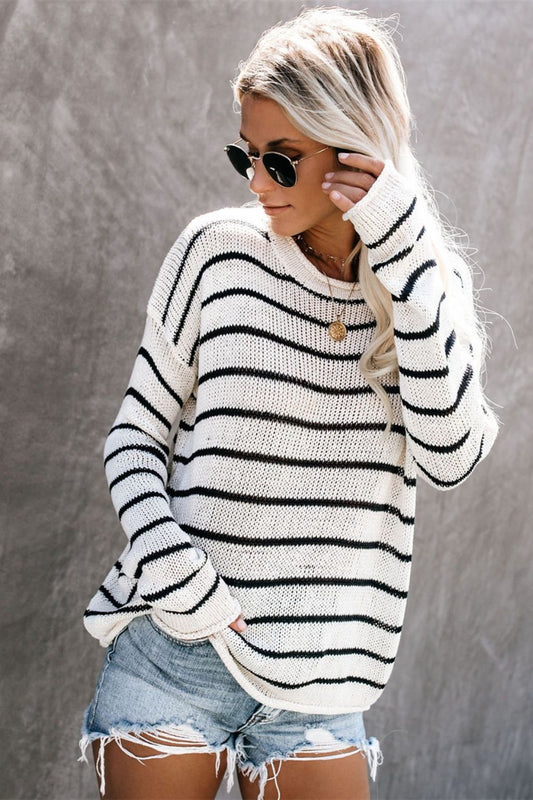 Striped Round Neck Drop Shoulder Sweater