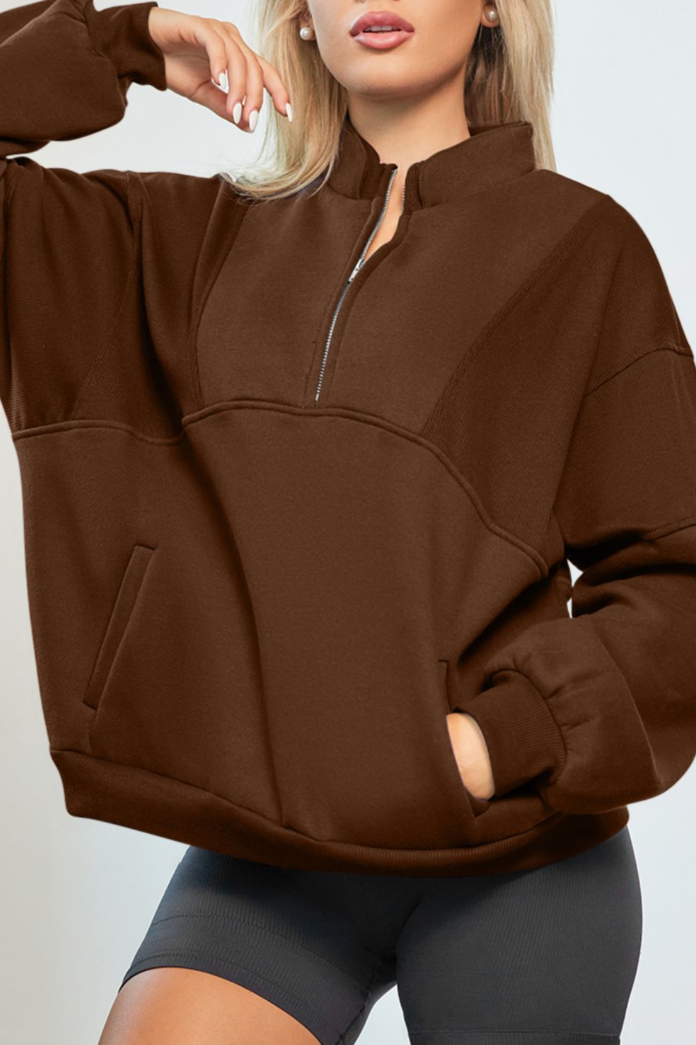 Half Zip Drop Shoulder Long Sleeve Sweatshirt