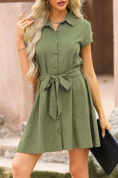 Tied Button Up Short Sleeve Dress