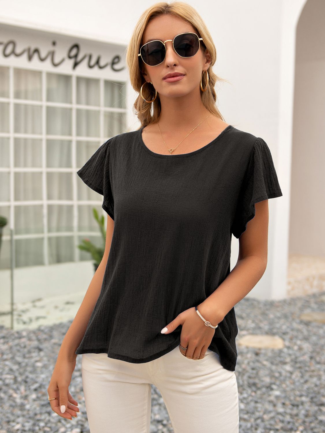 Ivy Lane Round Neck Cutout Tie Back Top