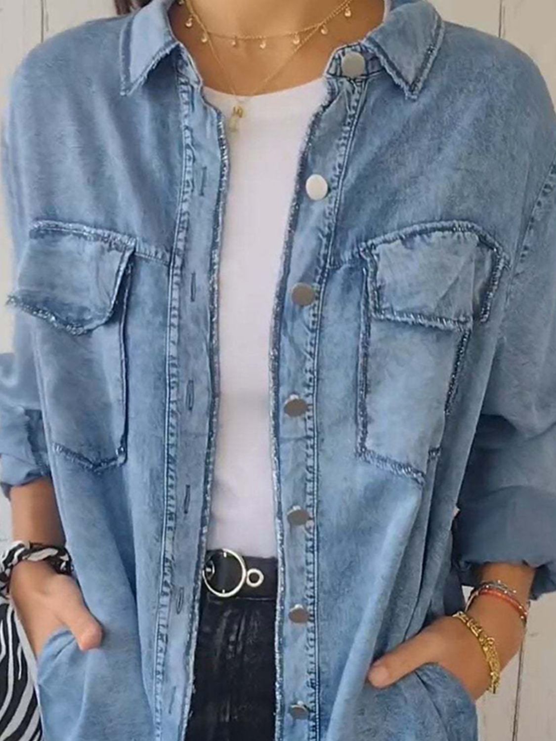 Full Size Raw Hem Button Up Long Sleeve Denim Top Plus Size