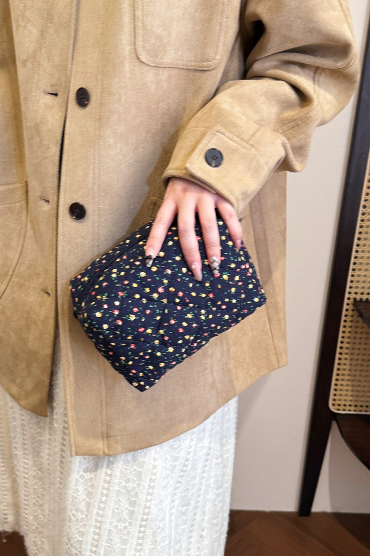 Floral Quilted Clutch with Plaid Lining