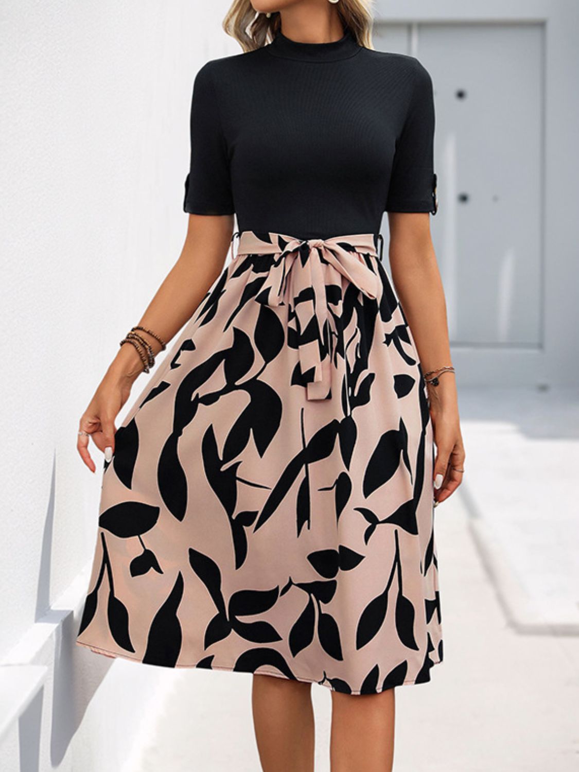 Perfee Tied Printed Mock Neck Short Sleeve Dress