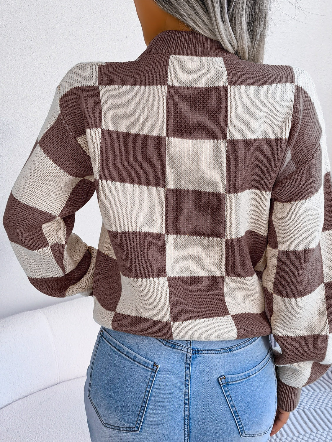 Checkered Mock Neck Long Sleeve Sweater