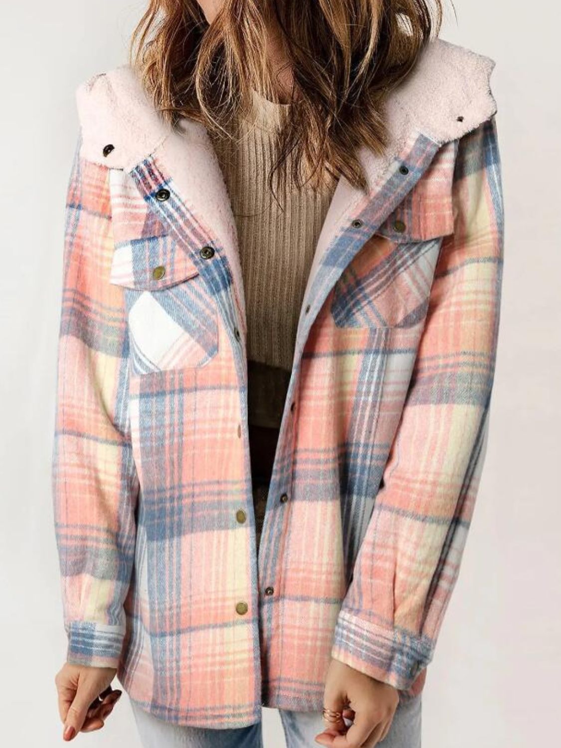 Plaid Snap Down Plush Hooded Jacket