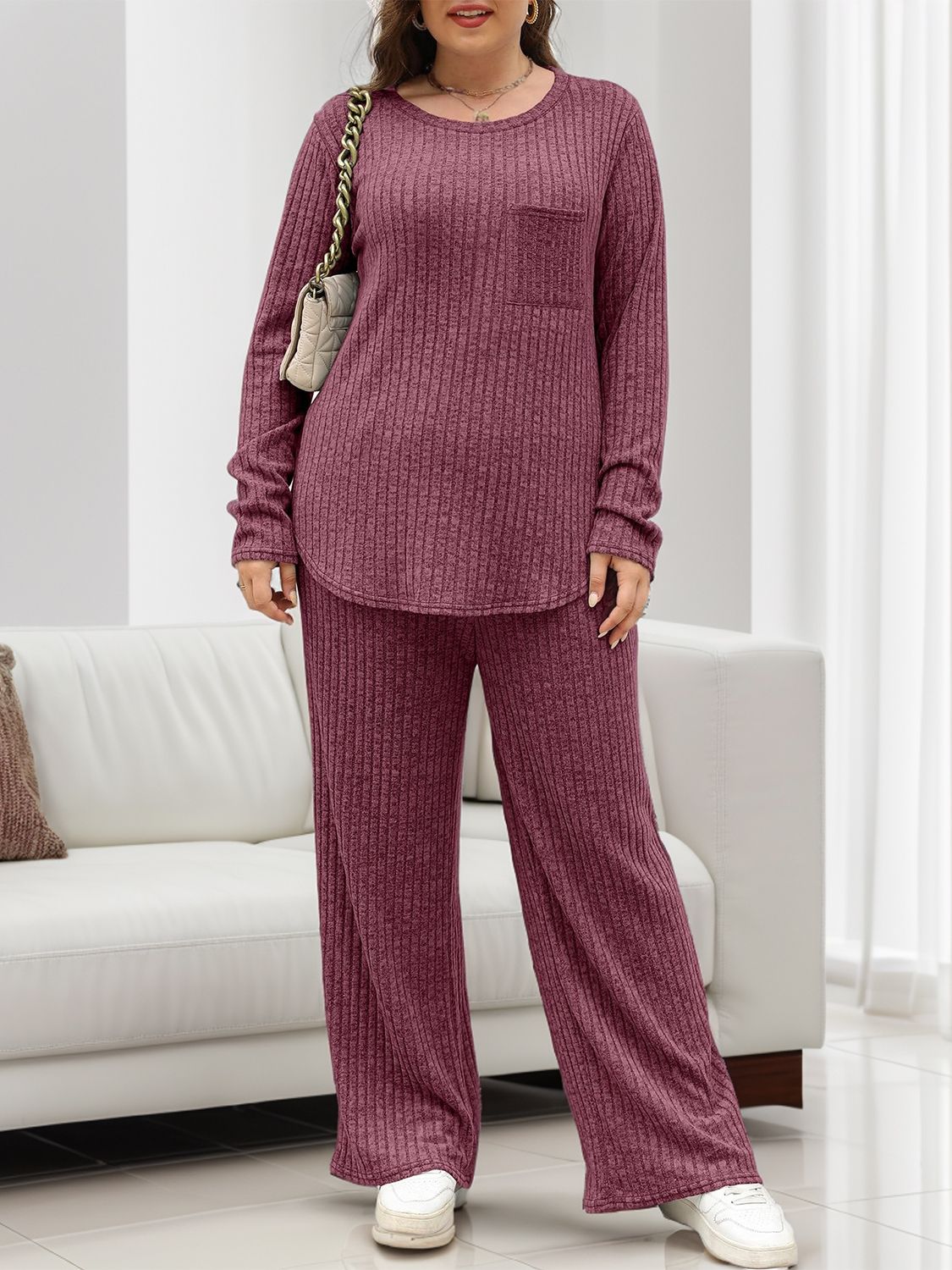 Round Neck Long Sleeve Top and Pants Set