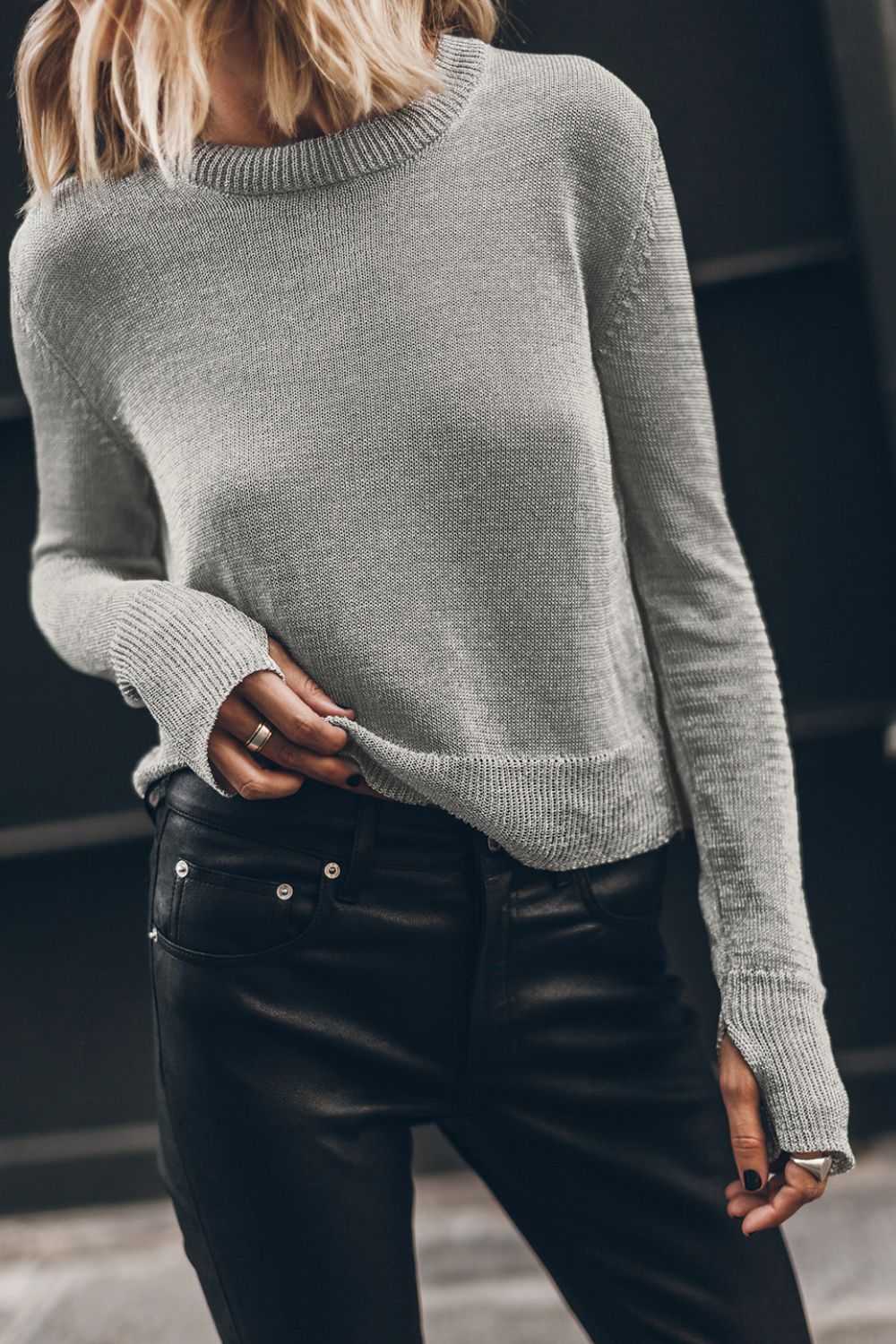 Ribbed Hem Round Neck Long Sleeve Sweater